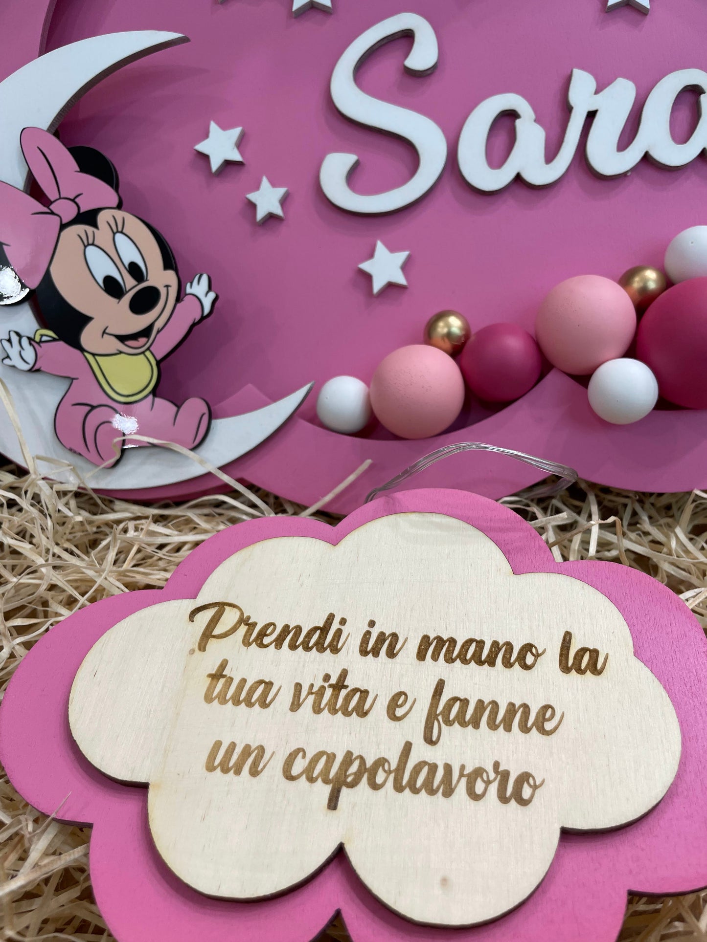LAMPADE PALLONCINO IN LEGNO PERSONALIZZATE CON NOME PERSONAGGIO E DEDICA ROSA