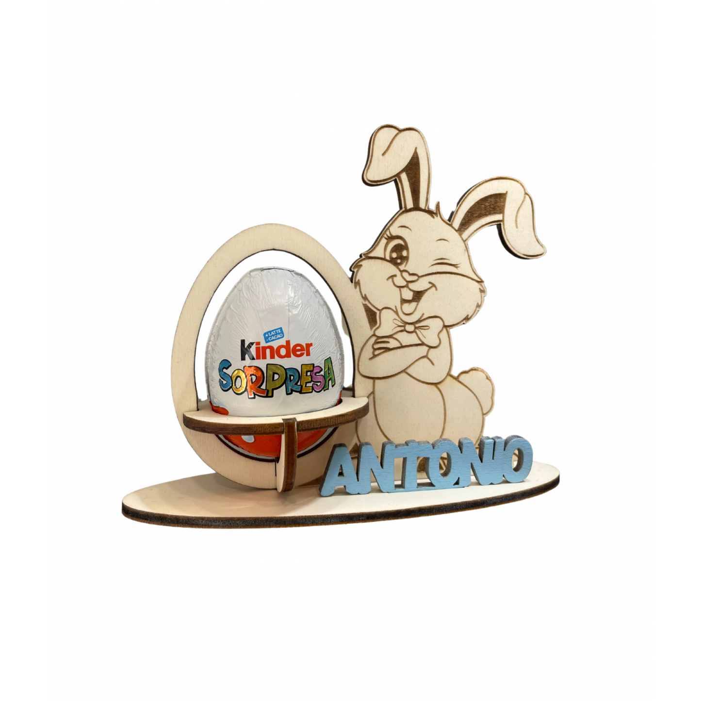 PORTA DOLCI DI PASQUA IN LEGNO PERSONALIZZATO CON NOME CONIGLIO DI PASQUA