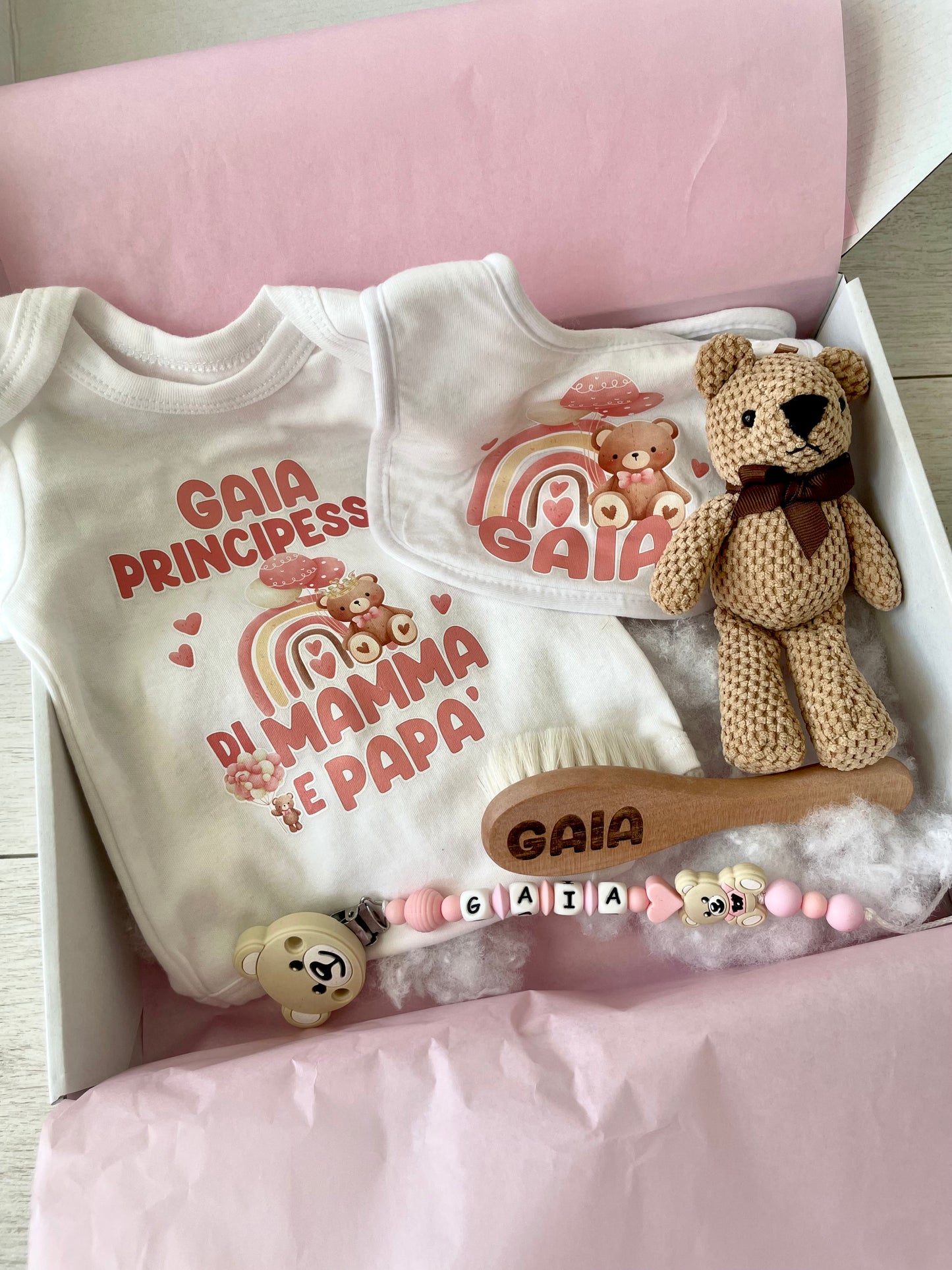 KIT NASCITA ORSETTO BAVETTA BODY SPAZZOLA POTACIUCCIO PELUHE