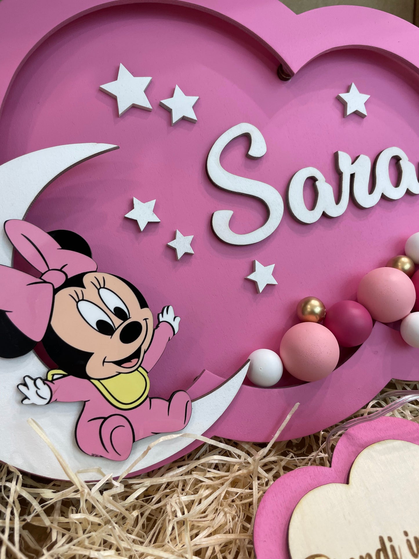 LAMPADE PALLONCINO IN LEGNO PERSONALIZZATE CON NOME PERSONAGGIO E DEDICA ROSA