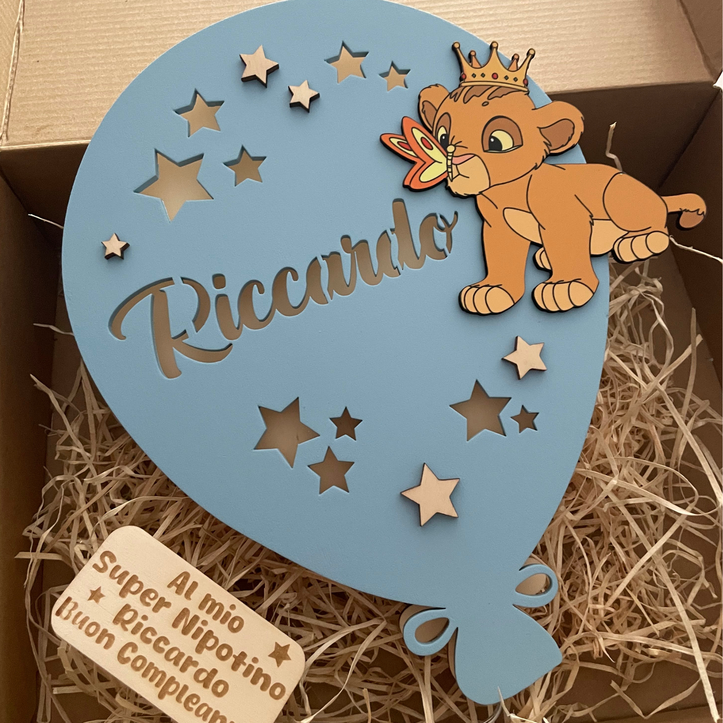 PALLONCINO CELESTE PERSONAGGIO Lampada in legno