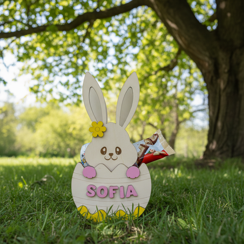 PORTA DOLCI DI PASQUA IN LEGNO PERSONALIZZATO CON NOME ROSA