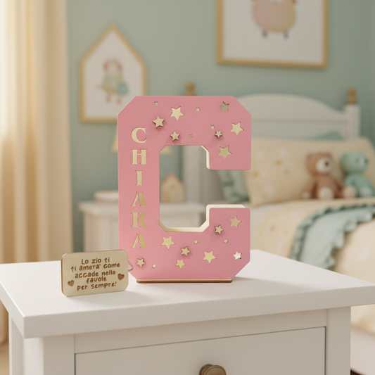 LAMPADA LETTERA IN LEGNO PERSONALIZZATA CON NOME E DEDICA ROSA