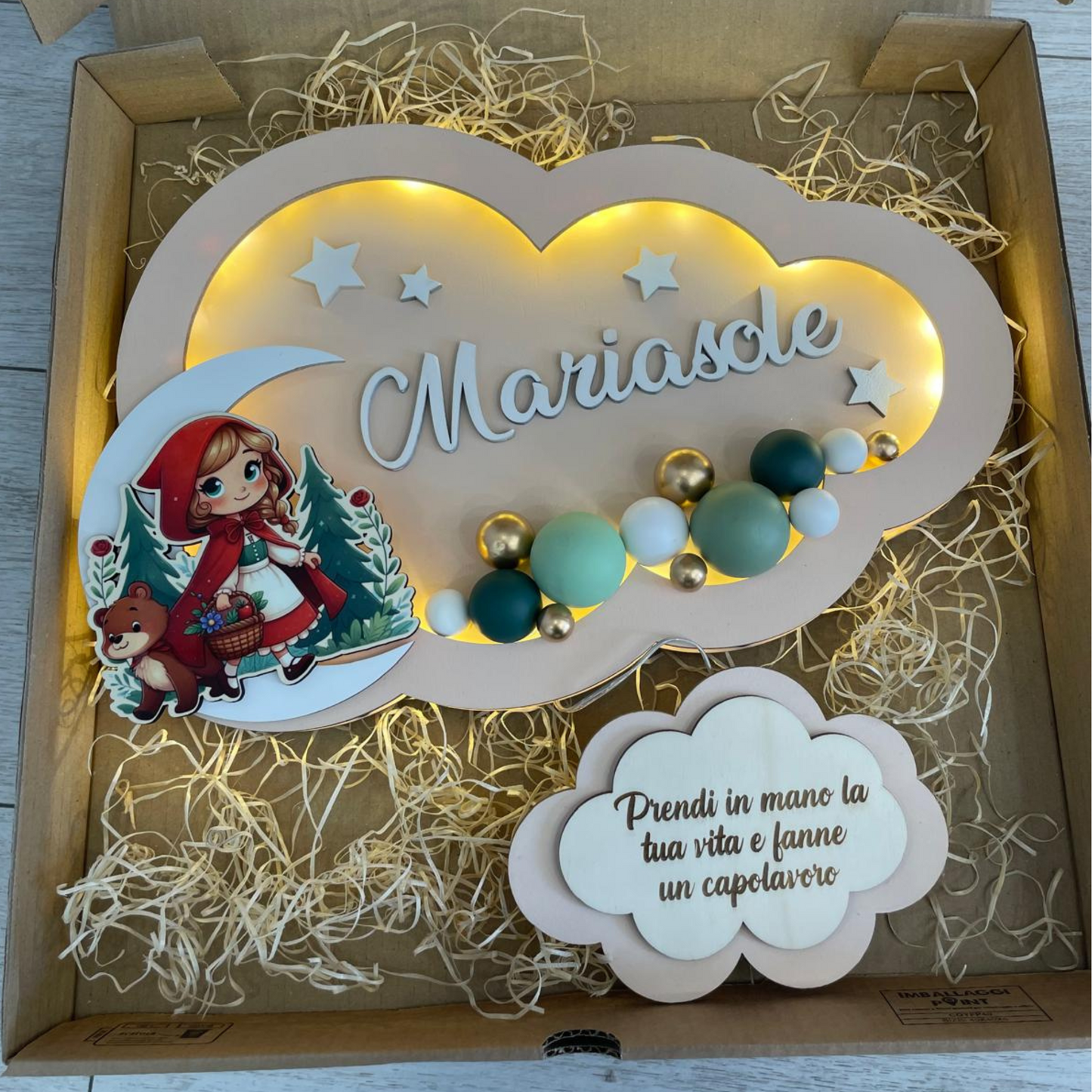 LAMPADA NUVOLA PERSONALIZZATA CON NOME DEDICA E PERSONAGGIO IN LEGNO