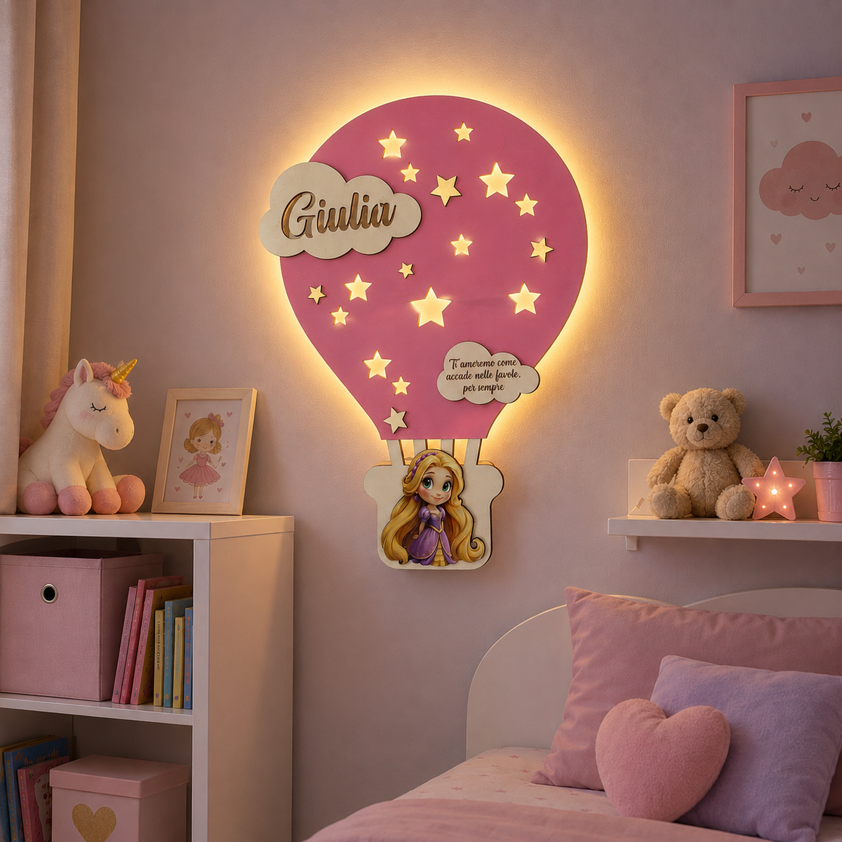 LAMPADA IN LEGNO PERSONALIZZATA ROSA CON NOME DEDICA E PERSONAGGO 