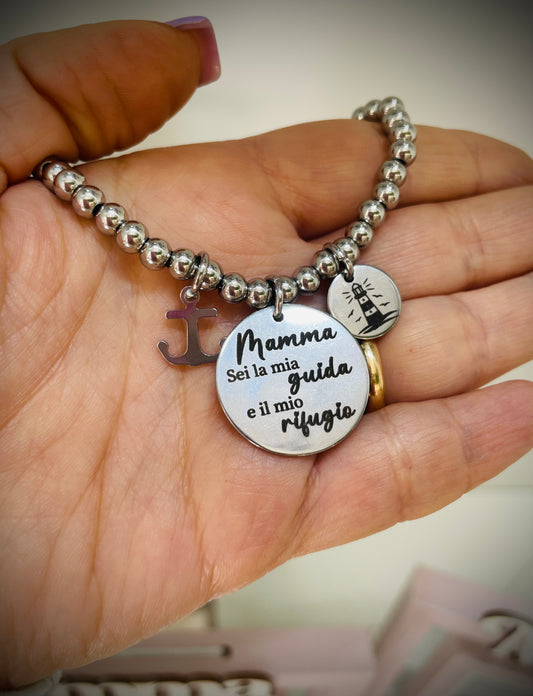 BRACCIALE IN ACCIAIO CON DEDICA PERSONALIZZATA PER LA MAMMA ANCORA FARO 