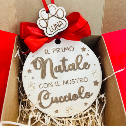 ORNAMENTO DI NATALE PER ALBERO IN LEGNO CON DEDICA CUCCIOLO
