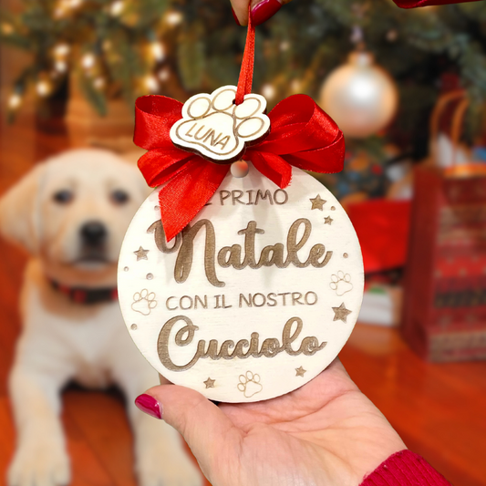 ORNAMENTO DI NATALE PER ALBERO IN LEGNO CON DEDICA CUCCIOLO