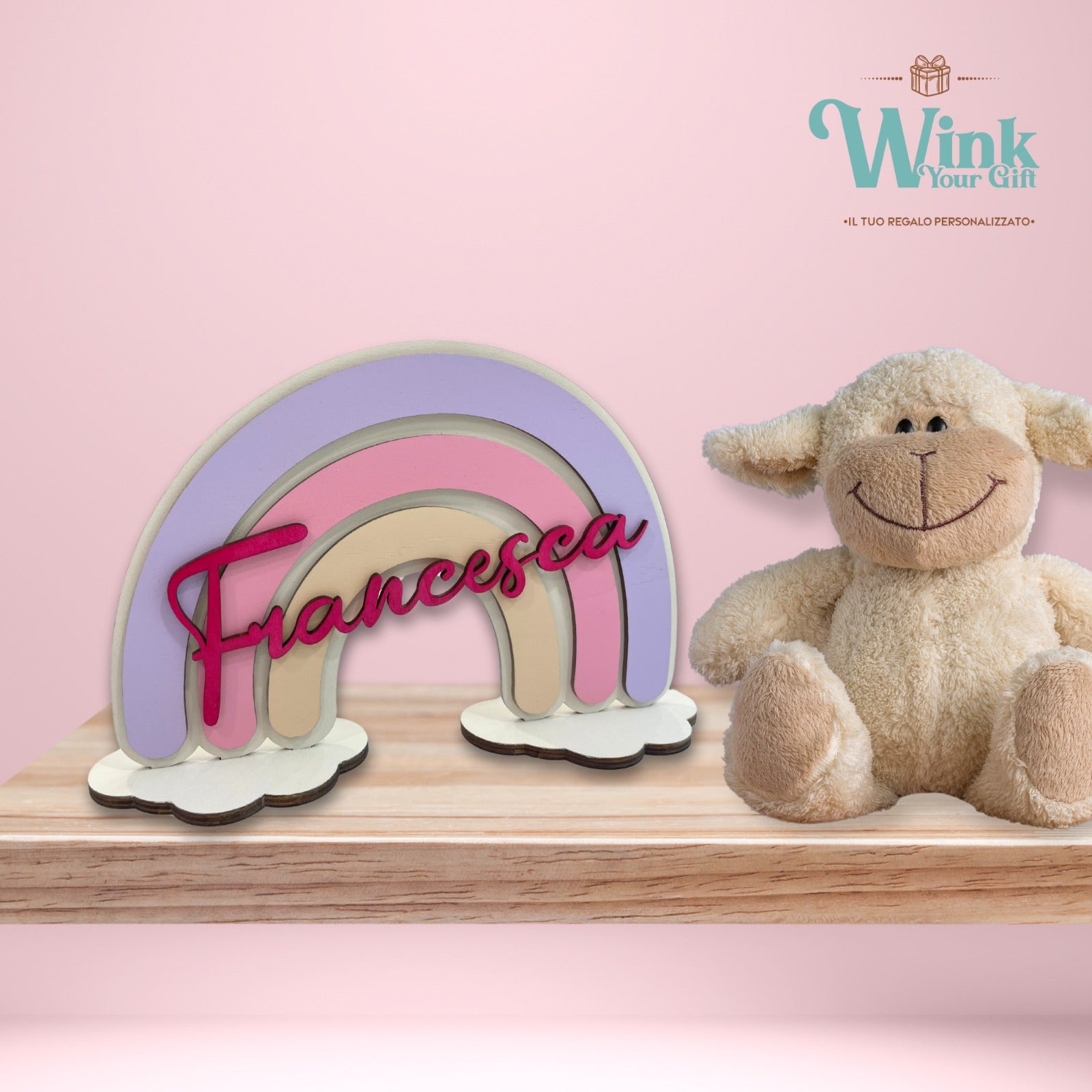 ARCOBALENO IN LEGNO PERSONALIZZATO CON NOME ROSA