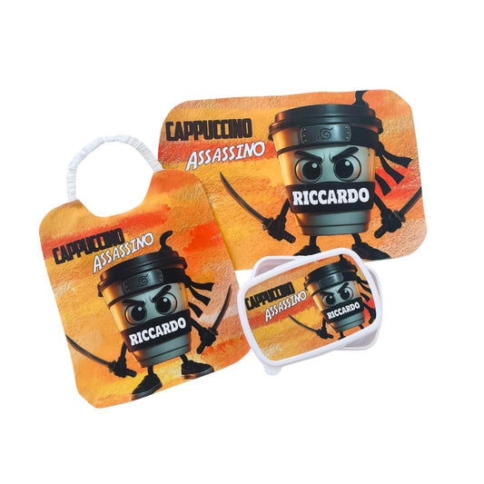 KIT CAPPUCCINO ASSASSINO PORTAMERENDA BAVETTA TOVAGLIETTA BRAINROT 