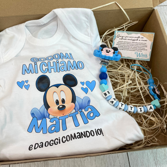 KIT NASCITA PERSONALIZZATO BODY R CAENELLA CIUCCIO CON NOME PERSONAGGIO TOPO