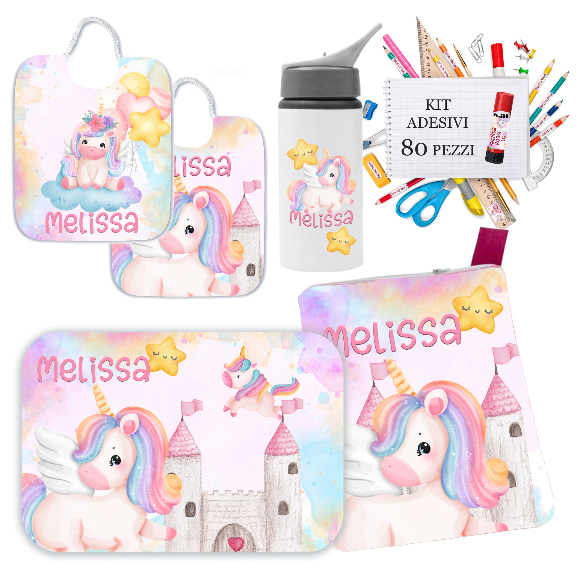 KIT_SCUOLA_BAVETTE_TOVAGLETTA_BORRACCIA_SACCA_E_ADESIVI_PERSONALIZZATI_CON_NOME