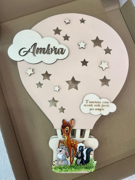 LAMPADA IN LEGNO BEIGE PERSONALIZZATA CON NOME DEDICA E PERSOAGGIO ANIMALI 