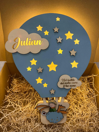 LAMPADA IN LEGNO CELESTE PERSONALIZZATA CON NOME DEDICA E PERSOAGGIO 