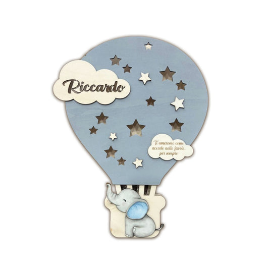 LAMPADA IN LEGNO GRIGIA PERSONALIZZATA CON NOME DEDICA E PERSOAGGIO ELEFANTE