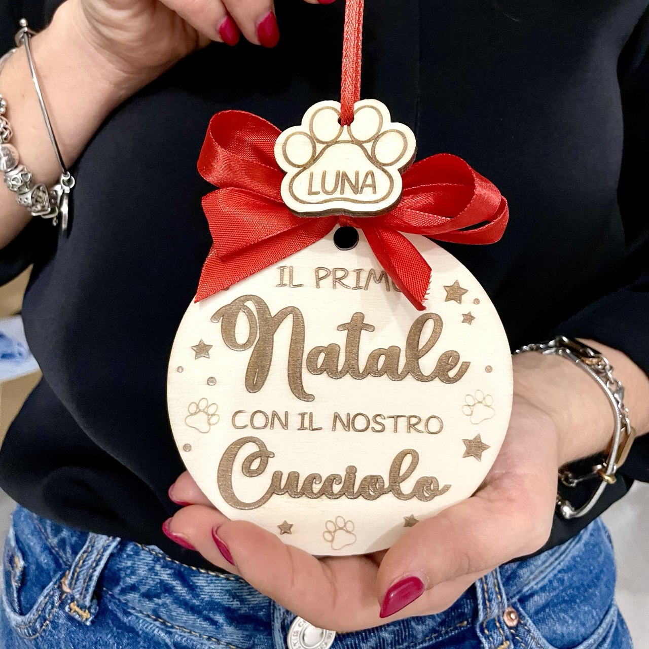 ORNAMENTO DI NATALE PER ALBERO IN LEGNO CON DEDICA  CUCCIOLO
