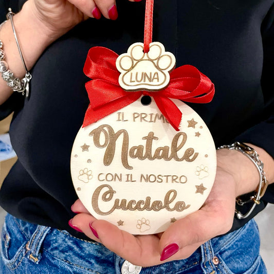 ORNAMENTO DI NATALE PER ALBERO IN LEGNO CON DEDICA  CUCCIOLO