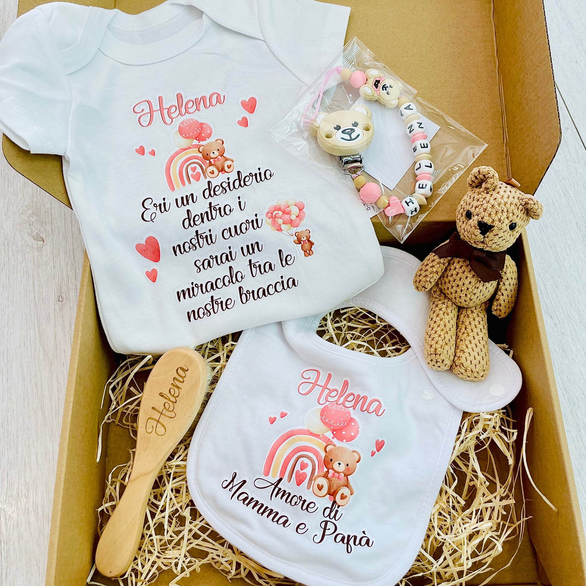 SET NASCITA BODY BAVETTA SPAZZOLA ORSETTO CATENELLA CIUCCIO PERSONALIZZATI