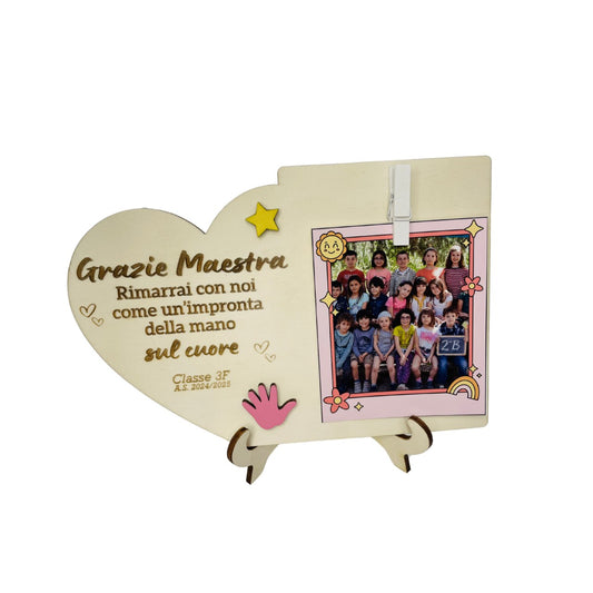 QUADRO IN LEGNO CON CLIP FOTO PERSONALIZZATO  CON DEDICA PER MAESTRA