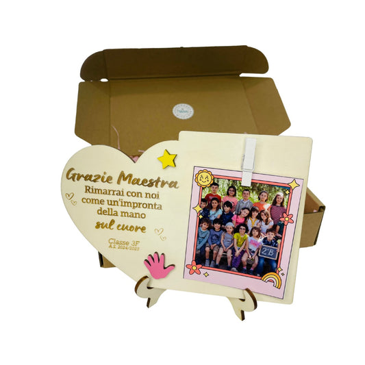 QUADRO IN LEGNO CON CLIP FOTO PERSONALIZZATO  CON DEDICA PER MAESTRA