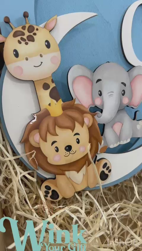 LAMPADA NUVOLA CELESTE ANIMALI IN LEGNO PERSONALIZZATA CON NOME E DEDICA 